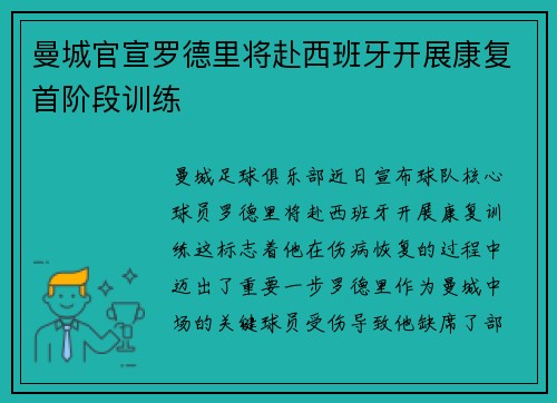 曼城官宣罗德里将赴西班牙开展康复首阶段训练