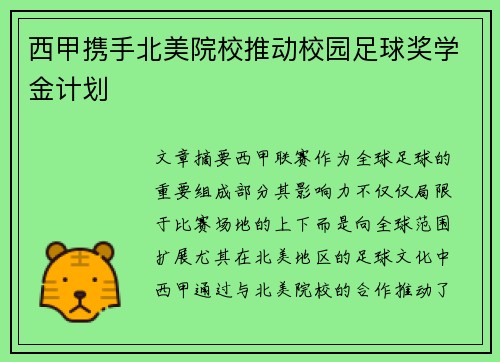 西甲携手北美院校推动校园足球奖学金计划 西甲携手北美院校推动校园足球奖学金计划